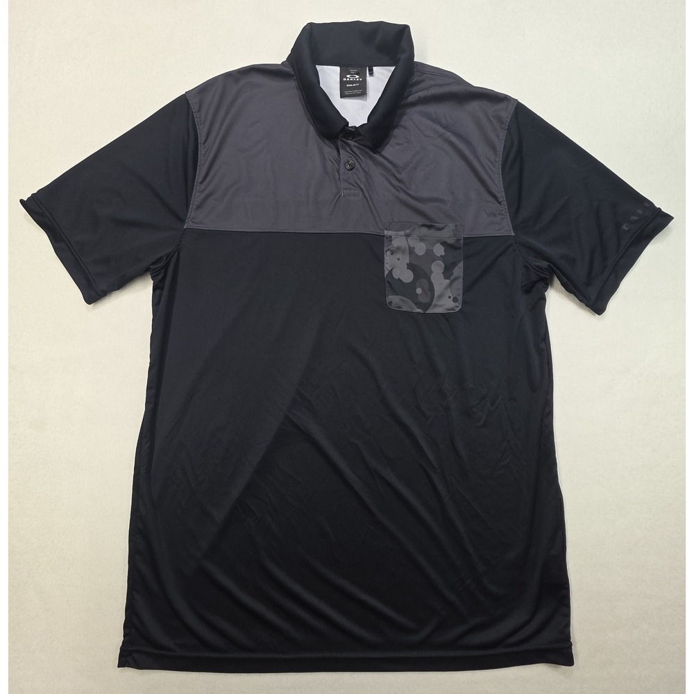 Oakley Polo Shirt Mens L Golf Club Neck Print Camo Pocket Black Gray ColorBlock